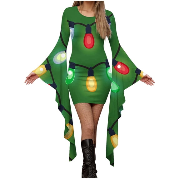 Pxkloy Christmas Party Dresses for Women Long Sleeve Round Neck Casual Dress Xmas Graphic Print Midi Dresses Bodycon Slim Fit Gothic Dress Green,XXL
