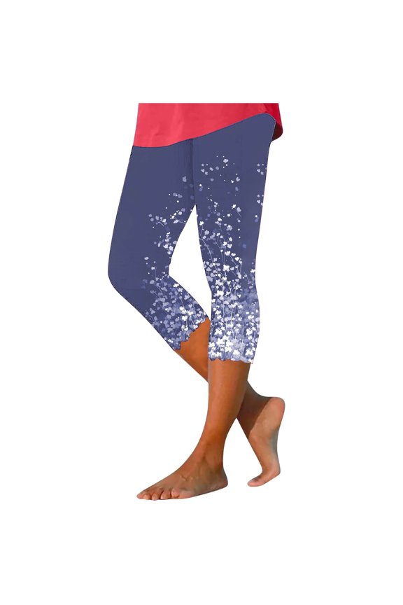 Compression Capri Leggings Women High Waist Floral Print Capris Knee Length Tummy Control Cropped Trouser Slim Fit Yoga Stretch Capris Pants 2025 Dark Blue,XL