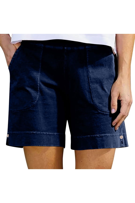 Cotton Linen Gauze Shorts for Women 7 Inch Inseam Elastic Waisted Shorts Side Slit Resort Casual Shorts with Pockets Navy,XL