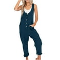 thumbnail image 1 of Pxkloy Cotton Linen Rompers for Women Casual Dressy Button Jumpsuits Sleeveless Wide Leg Baggy Bib Overalls with Pockets Dark Blue,S, 1 of 8