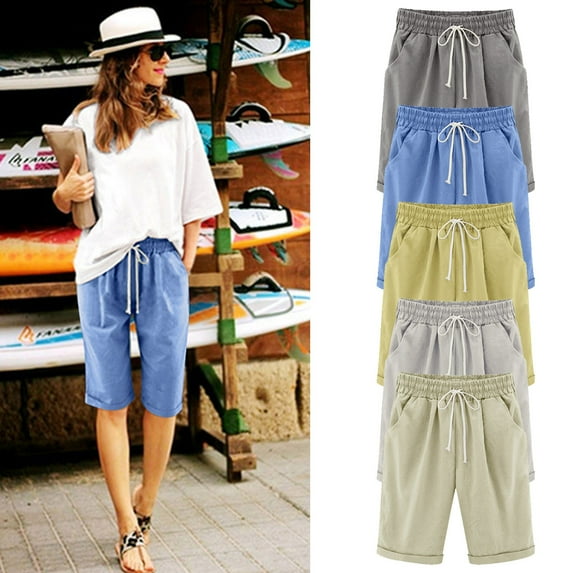 Pxkloy Cotton Shorts for Woman Knee Length Casual Shorts Loose Fit Elastic Waist Solid Color Bermuda Shorts with Drawstring Pockets Yellow,XL