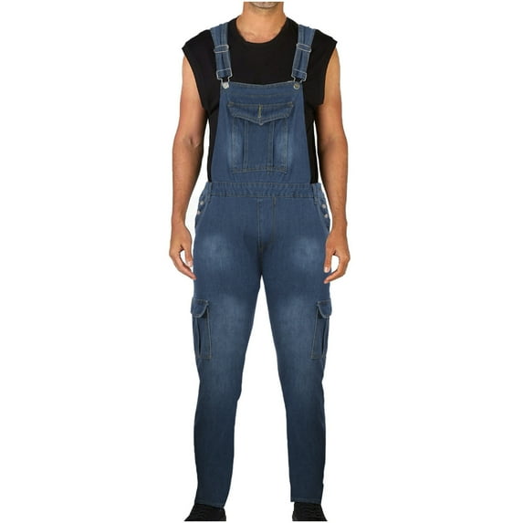 Pxkloy Denim Jumpsuits for Men Adjustable Straps Bib Jumpsuits Baggy Workwear Midweight Overalls Pants with Pockets 2025 Blue,M