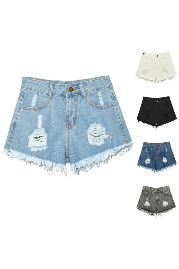 Denim Stretch Shorts for Women High Waist Tight Ripped Jeans Shorts Frayed Pockets Shorts Summer 2025 Black,L