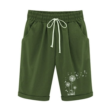 Pxkloy Elastic Shorts Women High Waist Drawstring Linen Shorts Bermuda Knee Length Dandelion Print Shorts Casual Summer 2025 Shorts Army Green,M