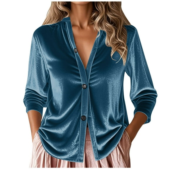 Pxkloy Elegant Velvet Shirt Women Button Up V Neck Solid Tops 2025 Fall Fashion Casual Blouses Vintage Comfy Trendy Clothes Blue,M