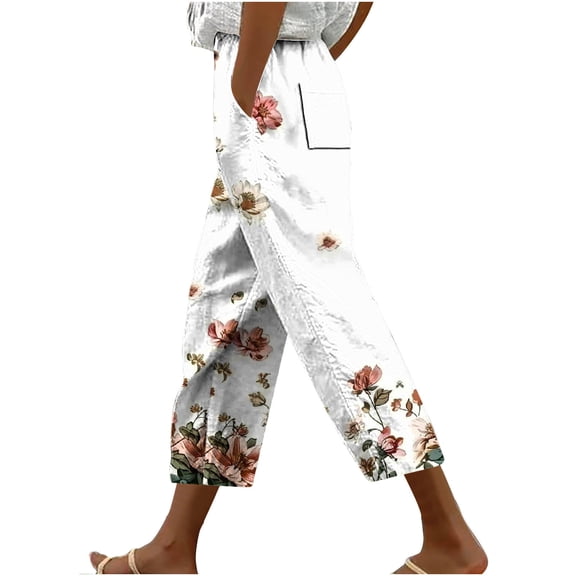 Pxkloy Floral Capri Pants for Women,Lightweight Women Cotton Crop Capris Floral Print High Rise Casual Solid Linen Dressy Capri Pants for Women Loose Fit Multicolor