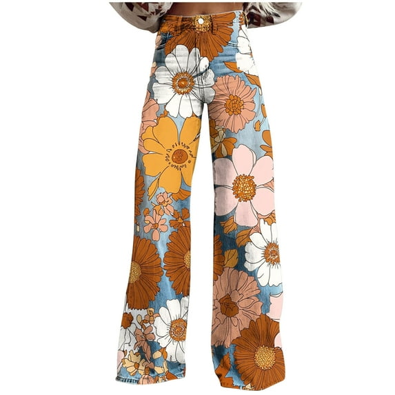 Pxkloy Floral Print Denim Jeans for Women Plus Size Vintage Wide Leg Twill Pants Stretchy Casual Full Length Trousers Orange,XXXXXL