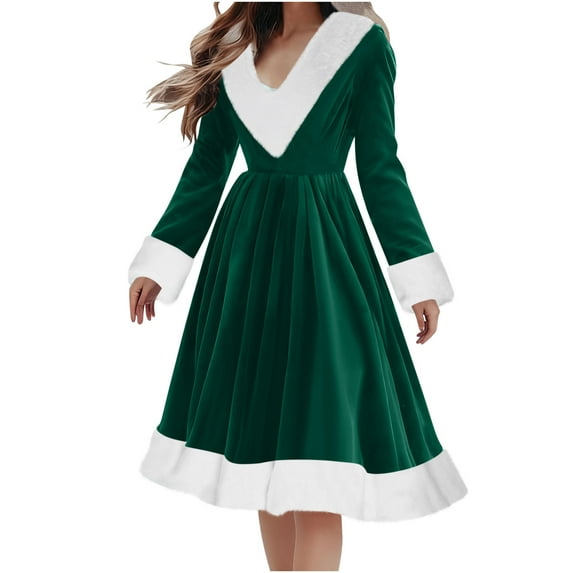 Pxkloy Fuzzy Christmas Dresses for Women Vintage Velvet Xmas A-Line Dress Long Sleeve V Neck Plain Dresses Cocktail Party Swing Costume 2025 Green,L