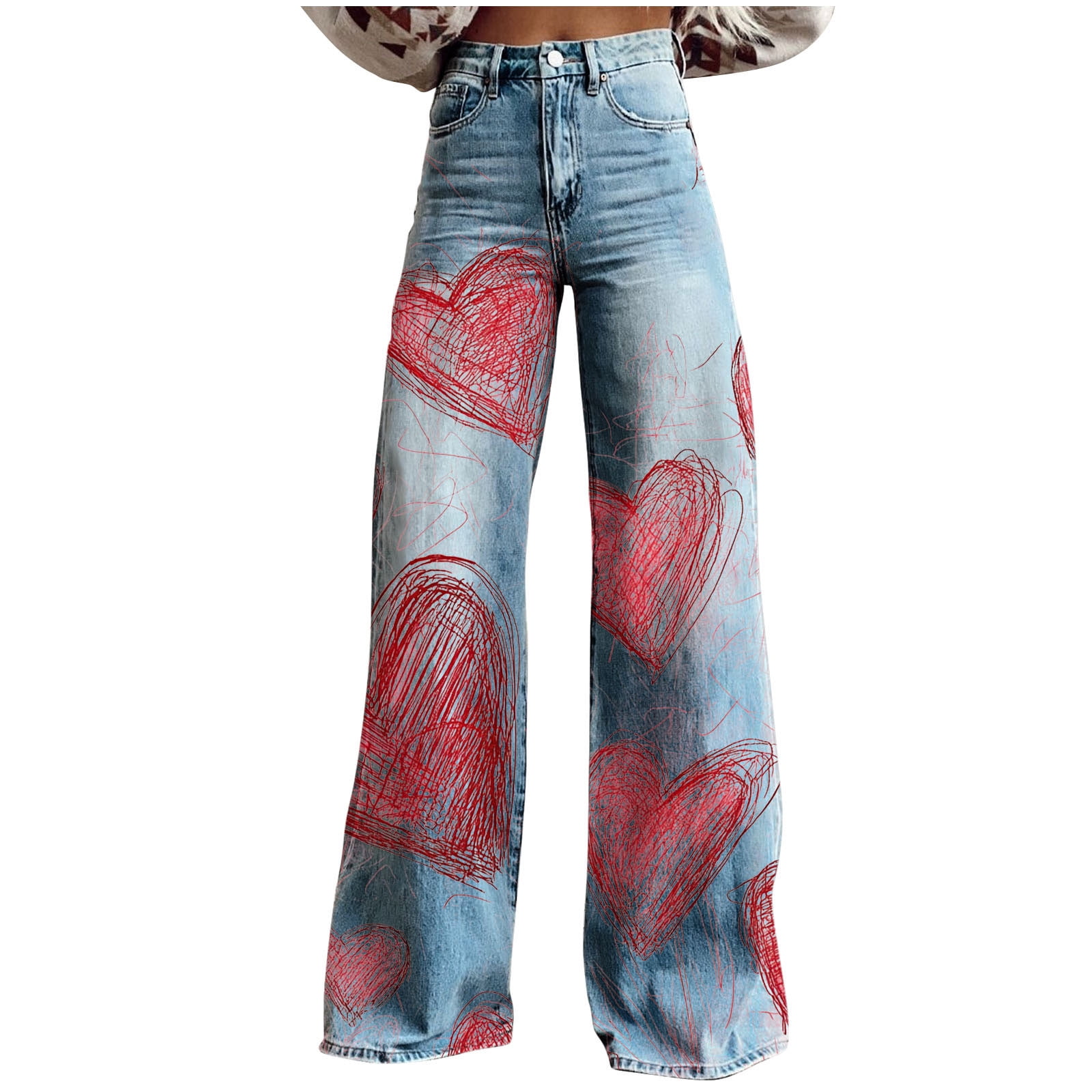 Pxkloy Heart Print Denim Jeans for Women Plus Size Vintage Wide