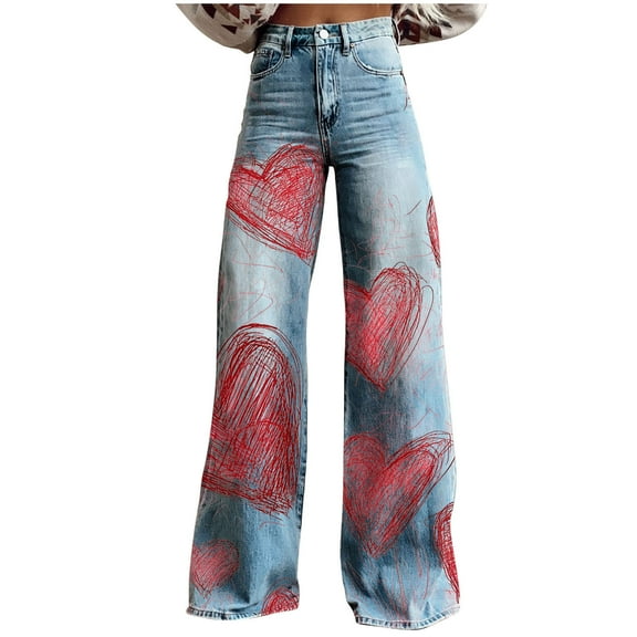 Pxkloy Heart Print Denim Jeans for Women Plus Size Vintage Wide Leg Twill Pants Stretchy Casual Full Length Trousers Red,XXXXXL