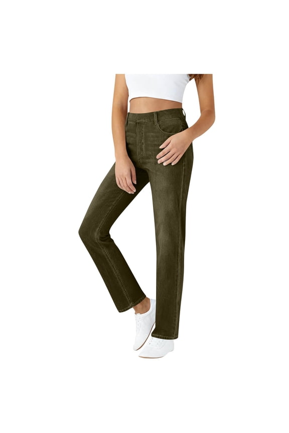 High Waist Jeans for Women Pull On Slim Fit Faux Jeans Pockets Stretchy Straight Leg Denim Ankle Pants Green,S