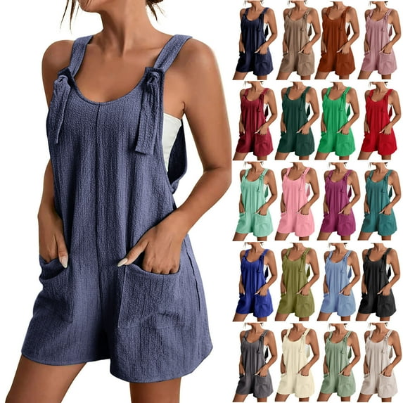 Pxkloy Jumpsuits for Women Dressy Summer Rompers 2025 Casual Short Overalls Romper Solid Color Sleeveless Boho Suspenders Jumpsuit Green,S