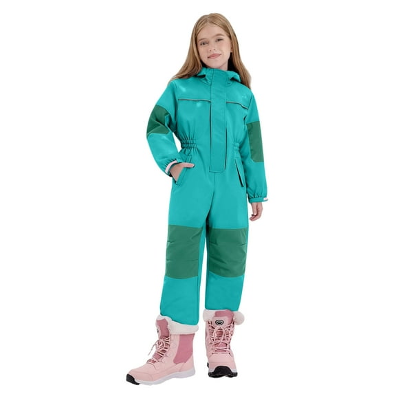 Pxkloy Kids One Piece Ski Suit Waterproof Windproof Thermal Hooded Jackets Outdoor Ski Snow Play Siamese Onesie Winter 2025 Fashion Overalls Blue,8-9Years