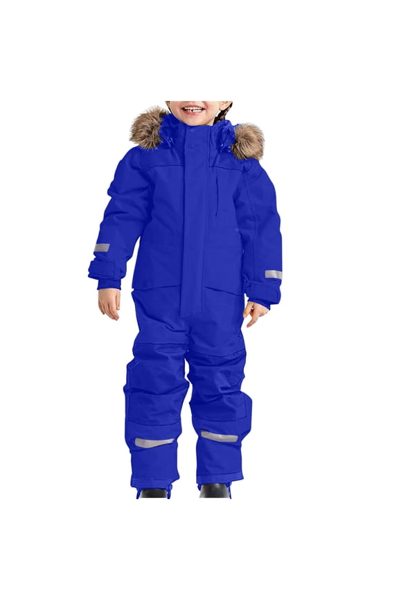 Kids Winter Snowsuit Outdoor Ski Snowboard Overalls Waterproof Windproof Thermal Skisuits Patchwork Hoodie Siamese Onesie 2025 Clothes Blue,8-9Year