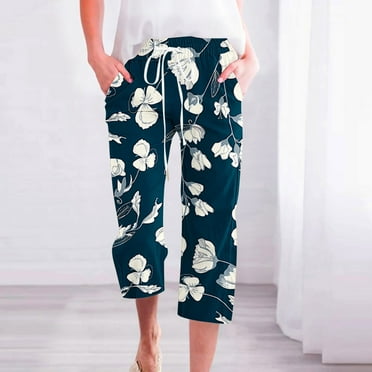 Pxkloy Ladies Capris Linen,Capri Pants for Women Casual Summer Drawstring Elastic Waist Linen Straight Wide Leg Cropped Trouser Deals of The Day Clearance Multicolor