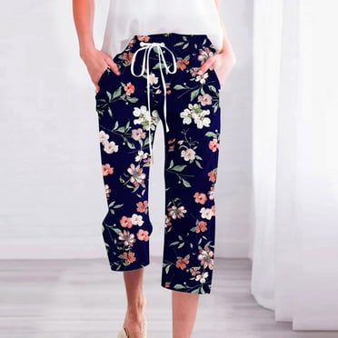 Pxkloy Ladies Capris Linen,Linen Capris for Women Cropped Straight Leg Trousers Casual Elastic Waist Drawstring Beach Summer Pants Todays Daily Deals Clearance Multicolor