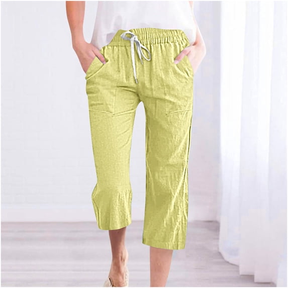 Pxkloy Ladies Linen Capris,Capri Pants for Women Casual Summer Drawstring Elastic Waist Linen Straight Wide Leg Cropped Trouser Clearance Sales Today Deals Yellow