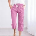 thumbnail image 1 of Pxkloy Ladies Linen Capris,Capri Pants for Women Casual Summer Drawstring Elastic Waist Linen Straight Wide Leg Cropped Trouser Clearance Sales Today Deals Pink, 1 of 5