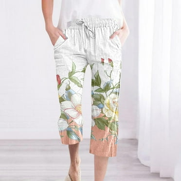 Pxkloy Ladies Pull On Linen Capris,Cotton Linen Capri Pants for Women Casual Summer Drawstring Elastic Waist Pants Straight Wide Leg Pants Clearance Sales Today Deals Multicolor