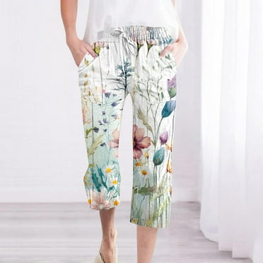 Pxkloy Ladies Pull On Linen Capris,Linen Capris for Women Cropped Straight Leg Trousers Casual Elastic Waist Drawstring Beach Summer Pants Todays Daily Deals Clearance Multicolor