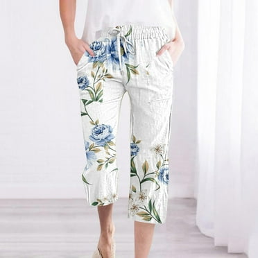 Pxkloy Ladies Pull On Linen Capris,Linen Capris for Women Summer Casual Loose Cropped Pants Drawstring Elastic Waist Lounge Pant with Pockets Clearance Sales Today Deals Multicolor