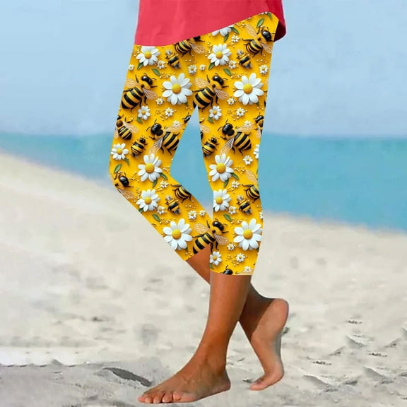 Pxkloy Leggings for Women Capris High Waisted Tummy Control Slimming Bee Printed No See-Thru Yoga Pants for Workout Running Multicolor,XXL