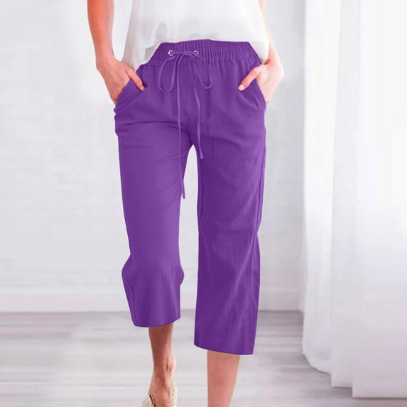 Pxkloy Linen Capri Pants Women Summer Plus Size Womens Cropped Pants Casual 2024 Drawstring Elastic High Waist Linen Pants Wide Leg Lounge Capris Purple,XL