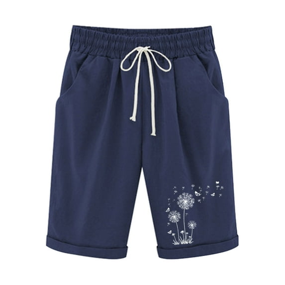 Pxkloy Linen Shorts for Women 2025 Elastic Waist Drawstring Loose Shorts Knee Length Casual Fashion Shorts Dandelion Print Summer Shorts Navy,XXL