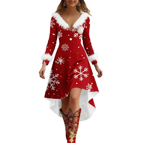 Pxkloy Long Sleeve Christmas Dresses for Women Western Fuzzy V Neck Dress Xmas Snowflake Print Dresses High Low Fall Fashion Outfits 2025 Red,L