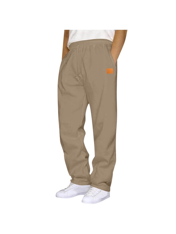 Men's Big and Tall Workout Sweatpants Athletic Fitness Pants Leather Label Straight Leg Sweatpants Elastic Waist Drawstring Sweatpants Khaki,XXL