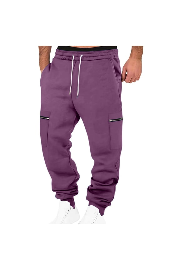Men's Cargo Sweatpants Athletic Running Fitness Pants Cinched Bottom Drawstring Stretchy Joggers Pants Casual Fashion Pockets Pants 2025 Purple,XL