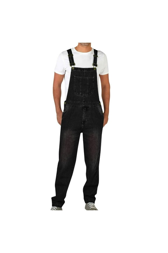 Men's Denim Bib Overalls Jeans Boot Cut Trousers Casual Slim Fit Adjustable Straps One-Piece Jumpsuit Washed Jean Suspender Pants with Breast Pocket Black,S
