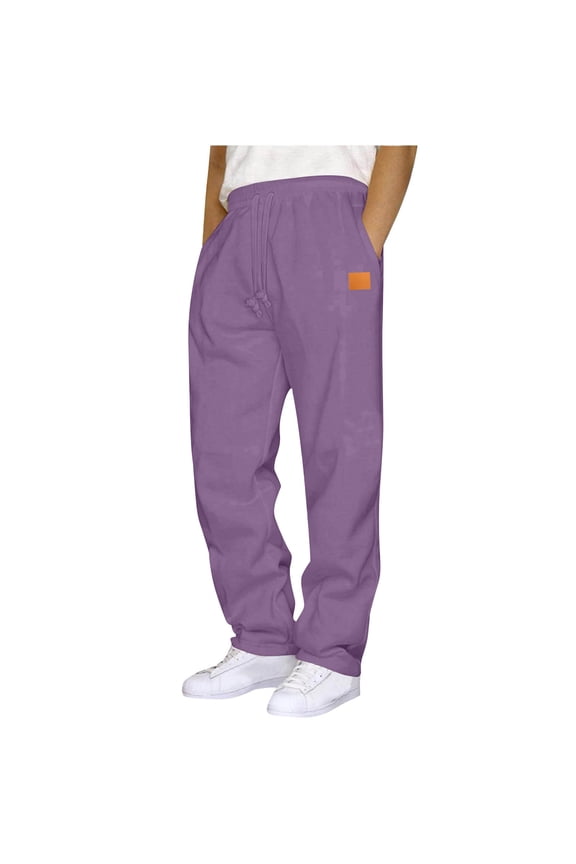 Mens Casual Sweatpants Straight Leg Drawstring Elastic Waist Pants Leather Label Solid Color Pants Workout Athletic Baggy Sweatpants Purple,M