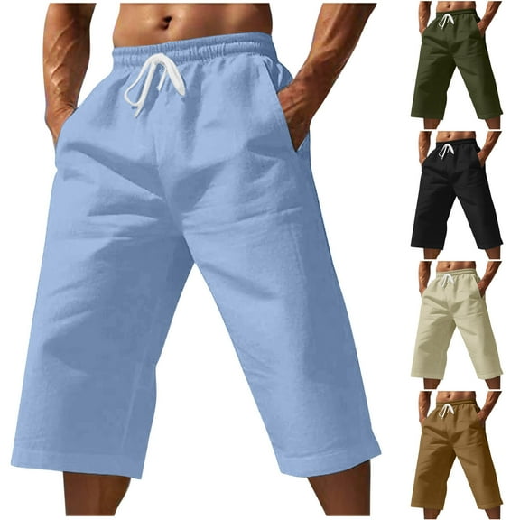 Pxkloy Mens Cotton Linen Shorts Casual Elastic Waist Drawstring Shorts Lightweight Summer Beach Straight Leg Shorts with Pockets Black,S