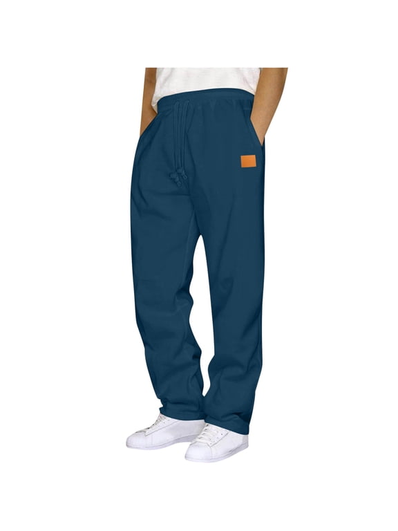 Mens Drawstring Sweatpants Athletic Fitness Pockets Pants Leather Label Straight Leg Sweatpants Elastic Waist Plain Baggy Sweatpants Navy,XXL