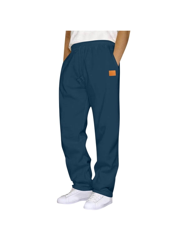 Mens Drawstring Sweatpants Athletic Fitness Pockets Pants Leather Label Straight Leg Sweatpants Elastic Waist Plain Baggy Sweatpants Navy,XXXL