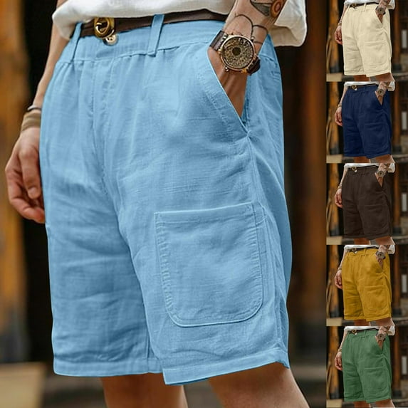 Pxkloy Mens Linen Shorts Flat Front Casual Elastic Waist Drawstring Shorts 9 Inch Inseam Solid Color Summer Beach Vacation Shorts with Pockets Brown,M
