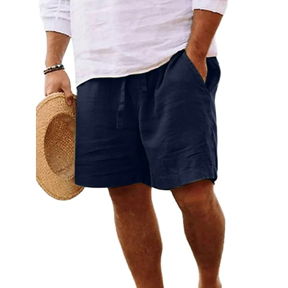 Pxkloy Mens Shorts Cotton Linen Shorts for Men 2024,Men's Linen Shorts Casual Elastic Waist Drawstring Summer Beach Vacation Yoga Golf Shorts with Pockets Navy
