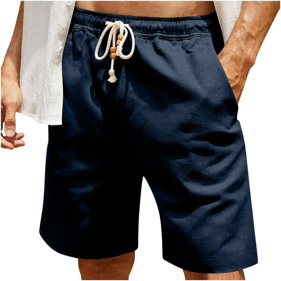 Pxkloy Mens Shorts Men's Linen Shorts Casual Elastic Waist Drawstring Summer Beach Shorts for Men Cotton Linen Solid Color Lounge Shorts with Pockets 2024 Navy