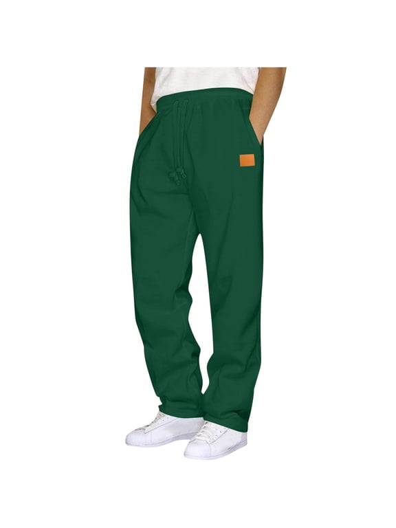 Mens Trendy Baggy Sweatpants Athletic Fitness Soft Pants Leather Label Straight Leg Sweatpants Elastic Waist Drawstring Sweatpants Army Green,XXXL