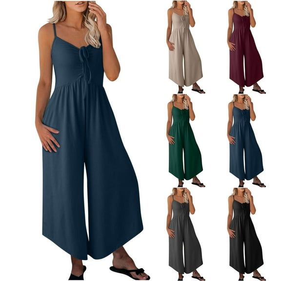 Pxkloy One Piece Jumpsuits for Women Cotton V-Neck Adjustable Straps Ruched Drawstring Smocked Casual Rompers Solid Wide Leg Jumpsuit with Pockets Deal Of The Day Prime Wine,XL