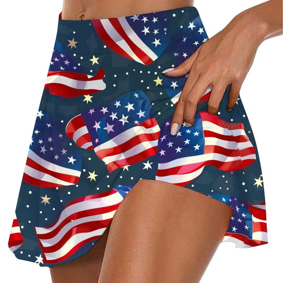 Pxkloy Patriotic Golf Skirts for Women American Flag Print Workout Skorts Athletic Running Tennis Skorts High Waist Stretchy Skirts with Shorts Summer 2025 Multicolor,M