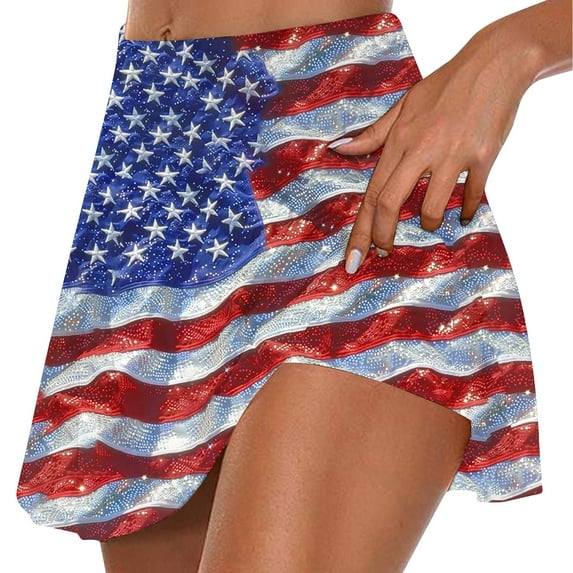 Pxkloy Patriotic Skirts for Women Athletic Running Stretchy Skorts High Waist Tennis Golf Skirts Stars and Stripes Print Summer 2025 Skorts with Shorts Multicolor,S