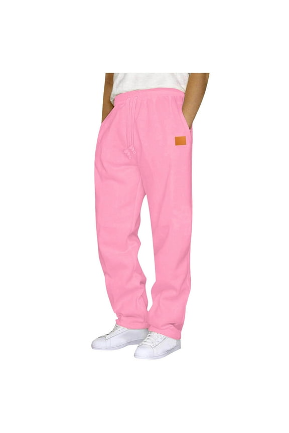 Plain Sweatpants for Men Drawstring Elastic Waist Comfy Pants Straight Leg Leather Label Pants Workout Athletic Baggy Sweatpants 2025 Pink,S