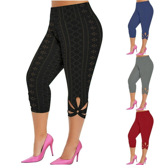 Pxkloy Plus Size Capri Leggings for Women Hollow Out Stretchy Tummy Control High Waist Womens Leggings Casual Summer Workout Yoga Pants Clearance Sale Blue,XL