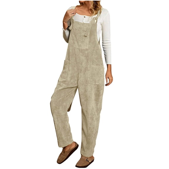 Pxkloy Plus Size Rompers for Women Sleeveless Wide Leg Corduroy Jumpsuits Tie Knot Straps Dressy Casual Bib Overalls with Pockets Beige,M