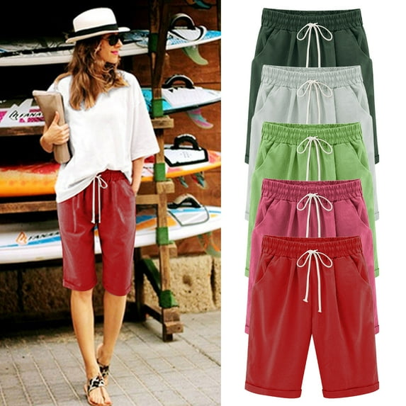 Pxkloy Plus Size Shorts Women,Women's Drawstring Bermuda Shorts Long Comfy Casual Knee Length Walking Summer Shorts for Women with Pockets Red,L