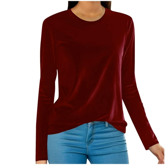Pxkloy Plus Size Velvet Shirt Women 2025 Fall Fashion Outfits Casual Trendy Solid Crewneck Blouses Elegant Loose Dressy Pullover Wine,XXXL