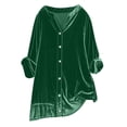 thumbnail image 1 of Pxkloy Plus Size Velvet Shirt Women Vintage Solid Vneck Soft Tops Long Sleeve Button Up Pocket Blouses Casual Trendy Fall Fashion Outfits Green,XXXXL, 1 of 8