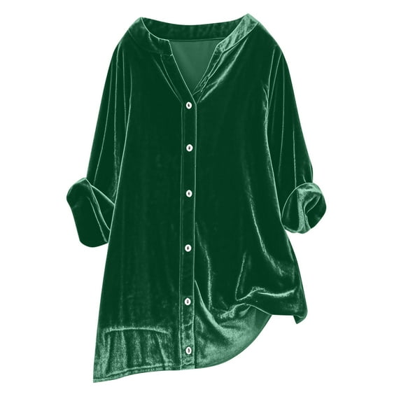Pxkloy Plus Size Velvet Shirt Women Vintage Solid Vneck Soft Tops Long Sleeve Button Up Pocket Blouses Casual Trendy Fall Fashion Outfits Green,XXXXL